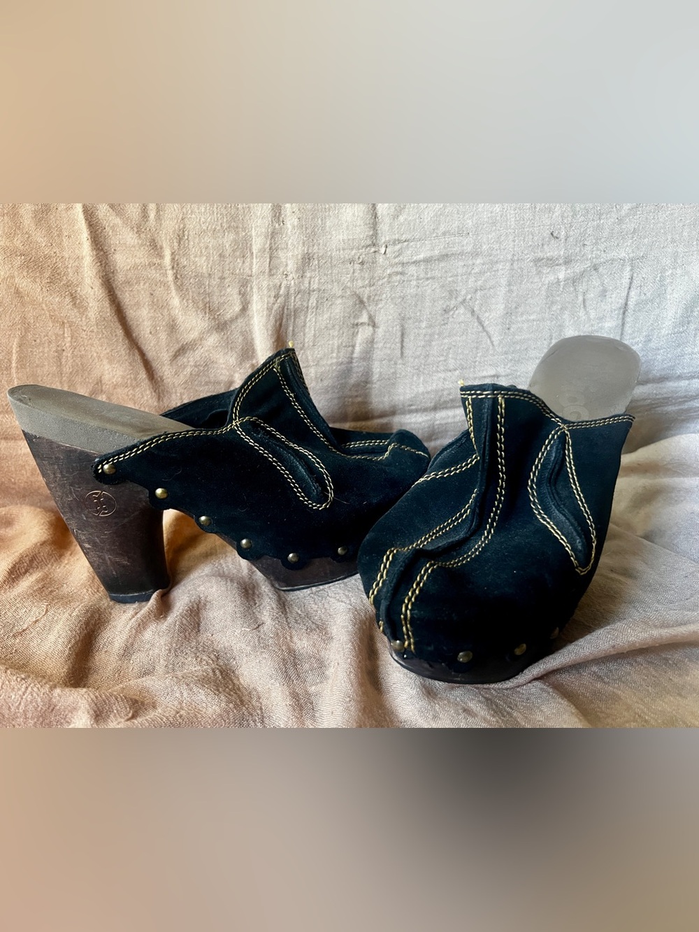 Black Suede Studded Mules with Contrast Stitching